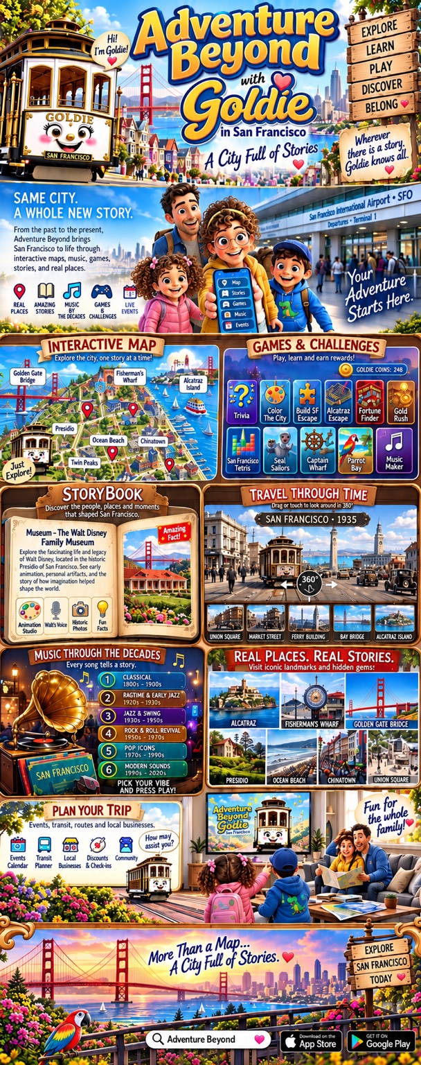 Adventure Beyond with Goldie in San Francisco: Goldie the smiling cable car, a family arriving at the airport, an illustrated city map, games, a storybook, travel through time, music through the decades, landmarks, trip planning, and parrots overlooking the Golden Gate Bridge.